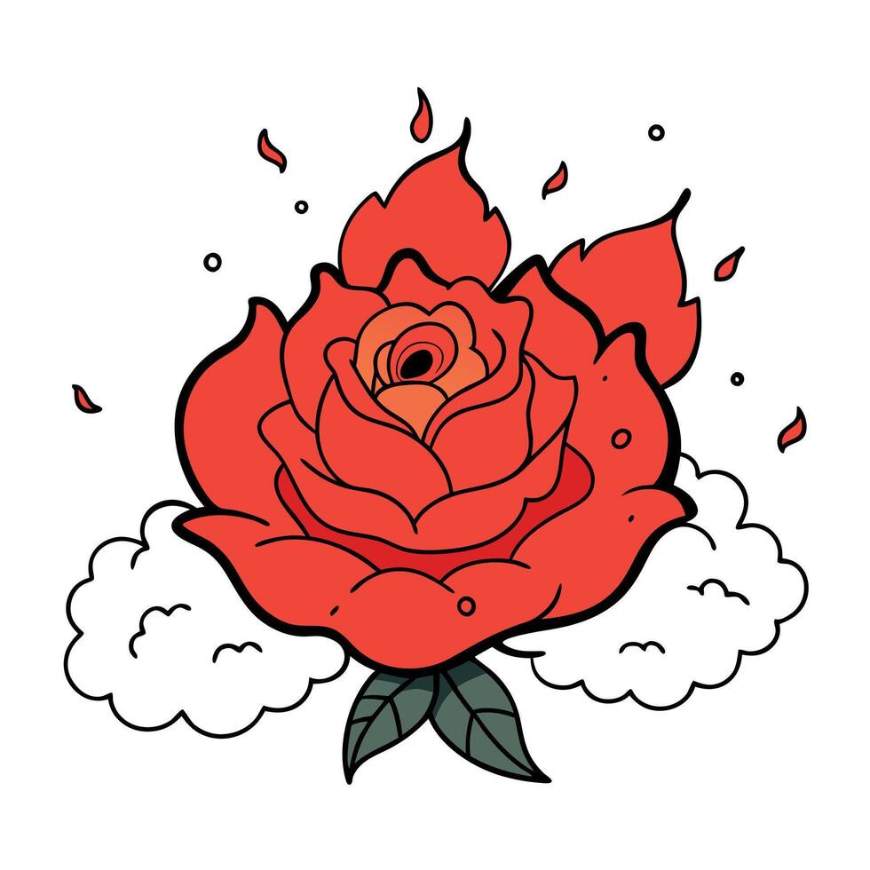 A red rose with clouds and fire in the background vector