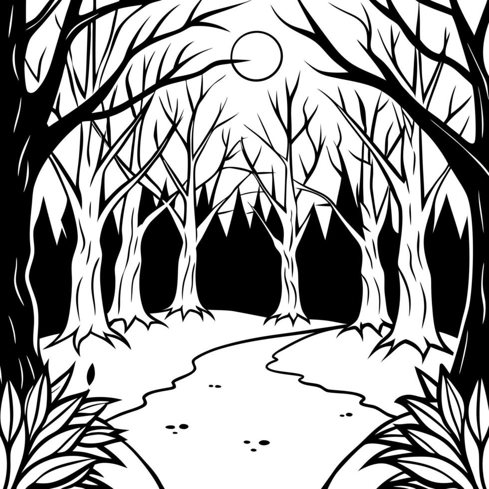 A black and white drawing of a path in the woods vector