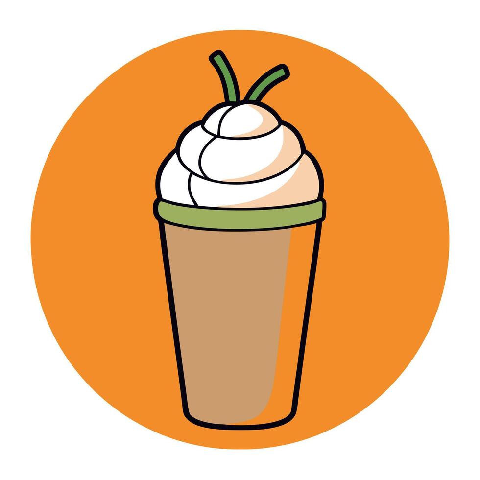 A cup of coffee with whipped cream and a green leaf vector