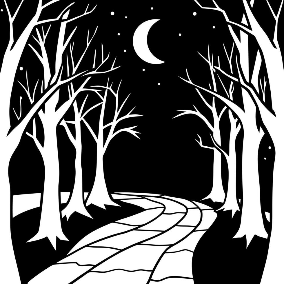 A black and white illustration of a path in the woods vector