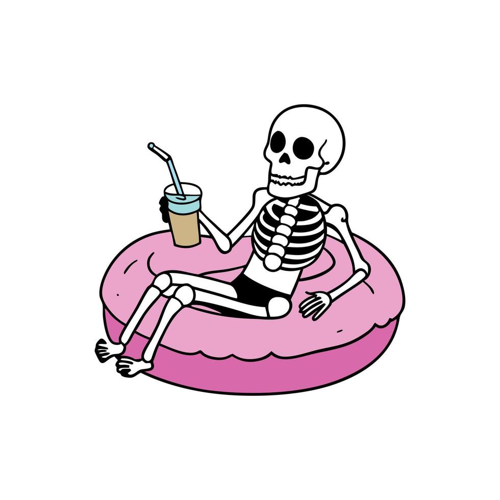 Skeleton sitting on a donut with a drink vector