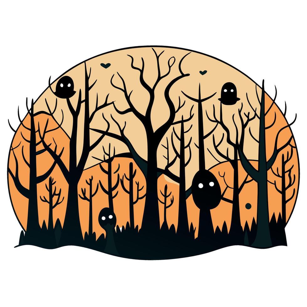 Halloween forest with ghosts and trees vector