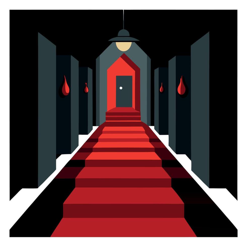 A red carpeted hallway with a door and red lights vector