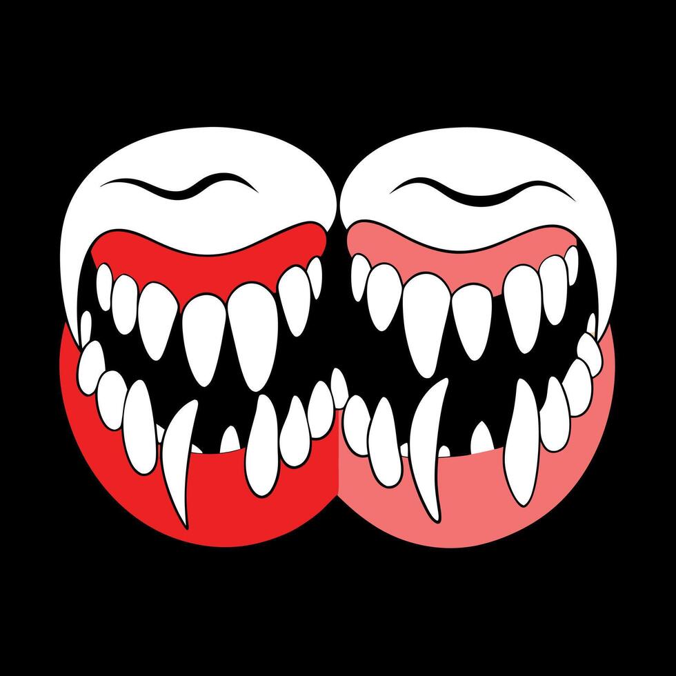 Two teeth with red and white teeth on black background vector