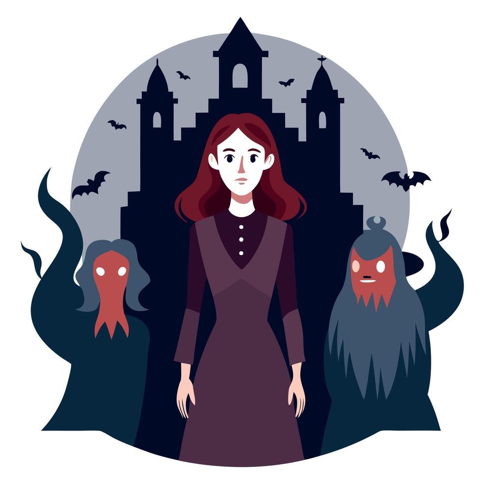 A woman standing in front of a castle with two monsters vector