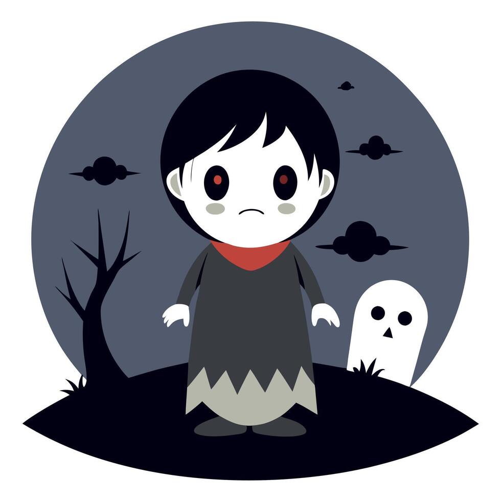 A cartoon character with a scary face standing in front of a graveyard vector