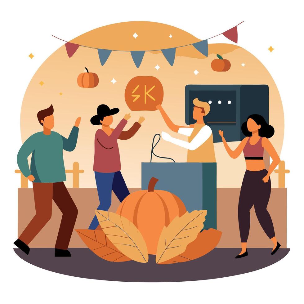 People are standing around a pumpkin and a sign vector