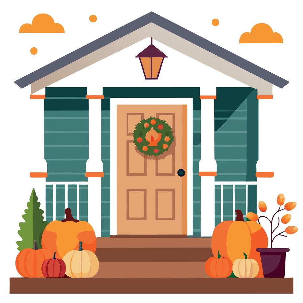 A house with pumpkins and wreaths on the front porch vector