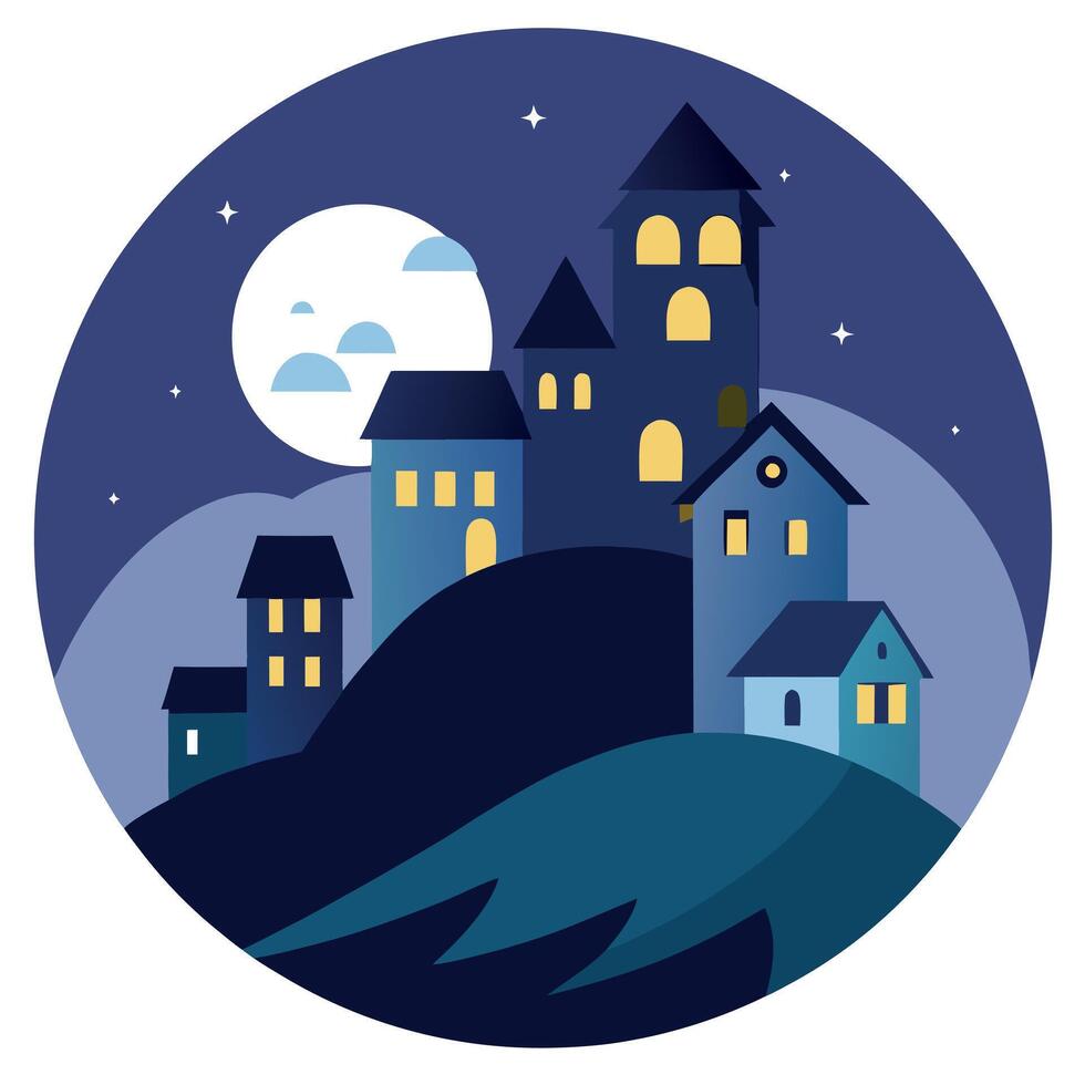 A cartoon illustration of a town at night vector