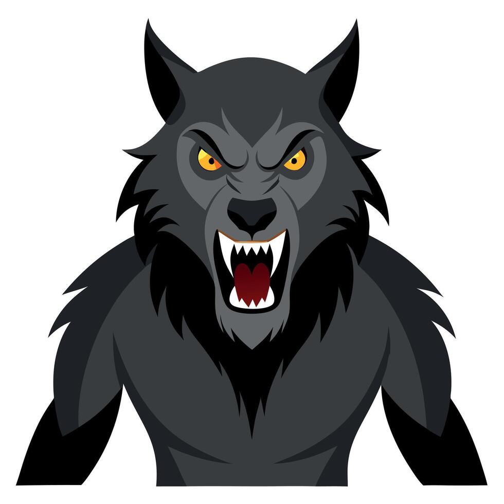 A cartoon wolf with yellow eyes and fangs vector