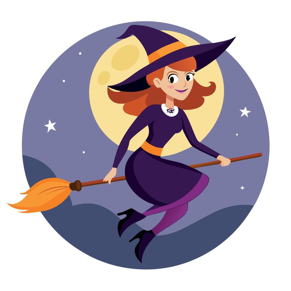 A cartoon witch flying on a broom with the moon in the background vector