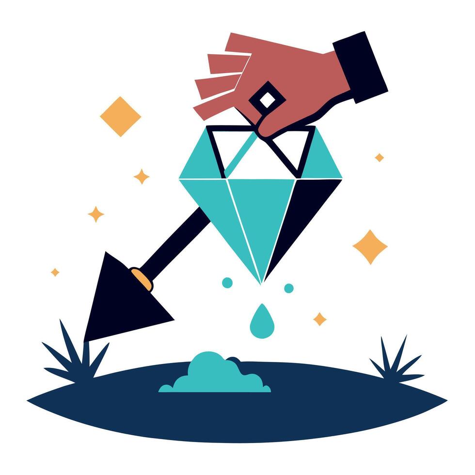 A hand holding a diamond and shoveling dirt vector