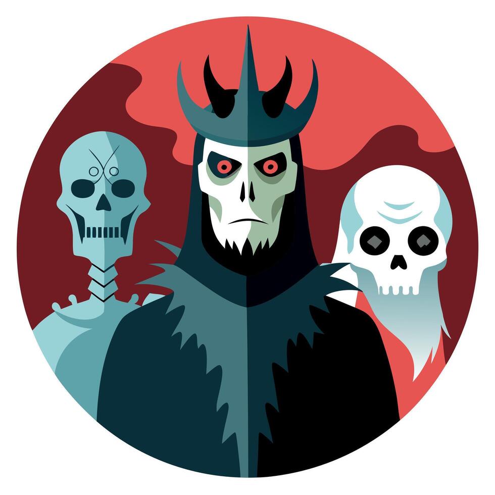 A cartoon illustration of three skeletons and a king vector