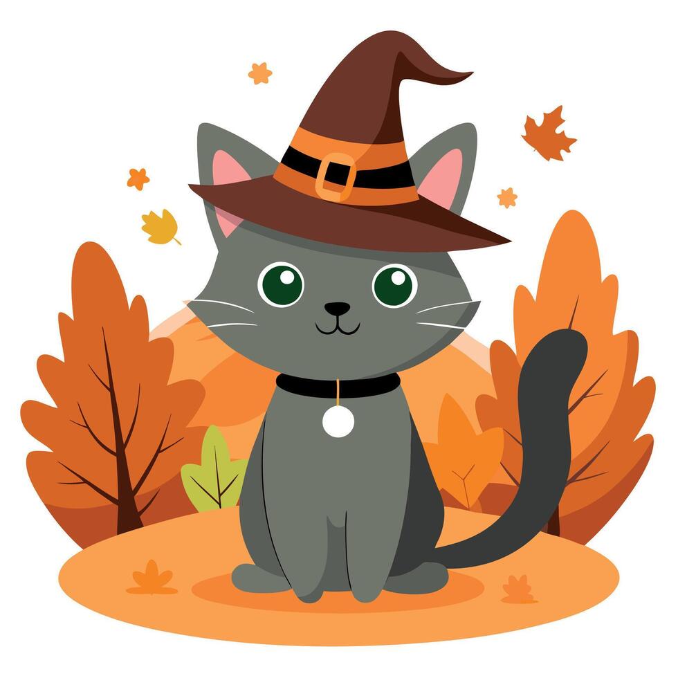 A cat wearing a witch hat in the fall vector