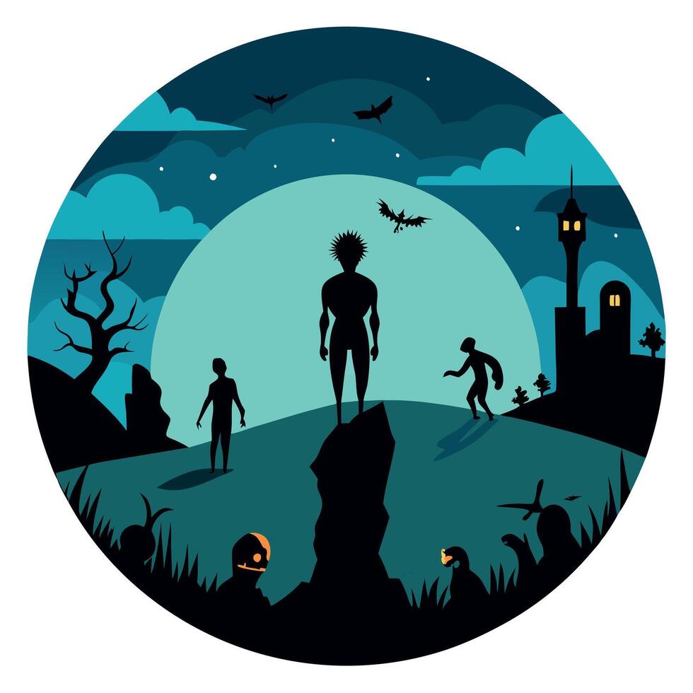 Halloween night scene with zombies and people in the background vector