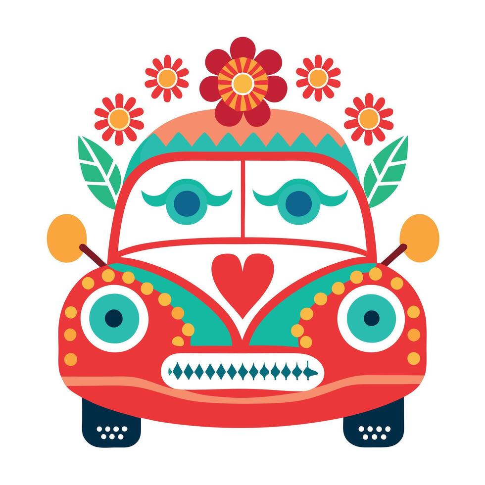 A colorful car with flowers and hearts on it vector