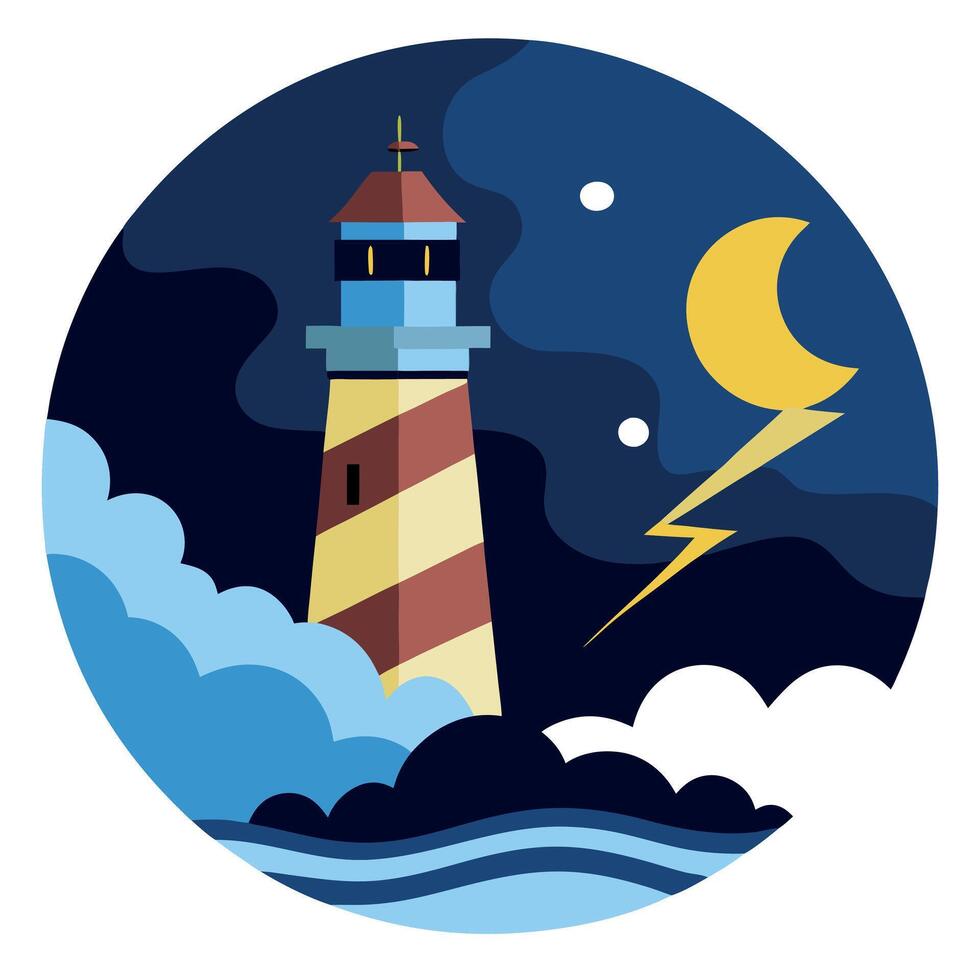Lighthouse at night with clouds and lightning illustration vector