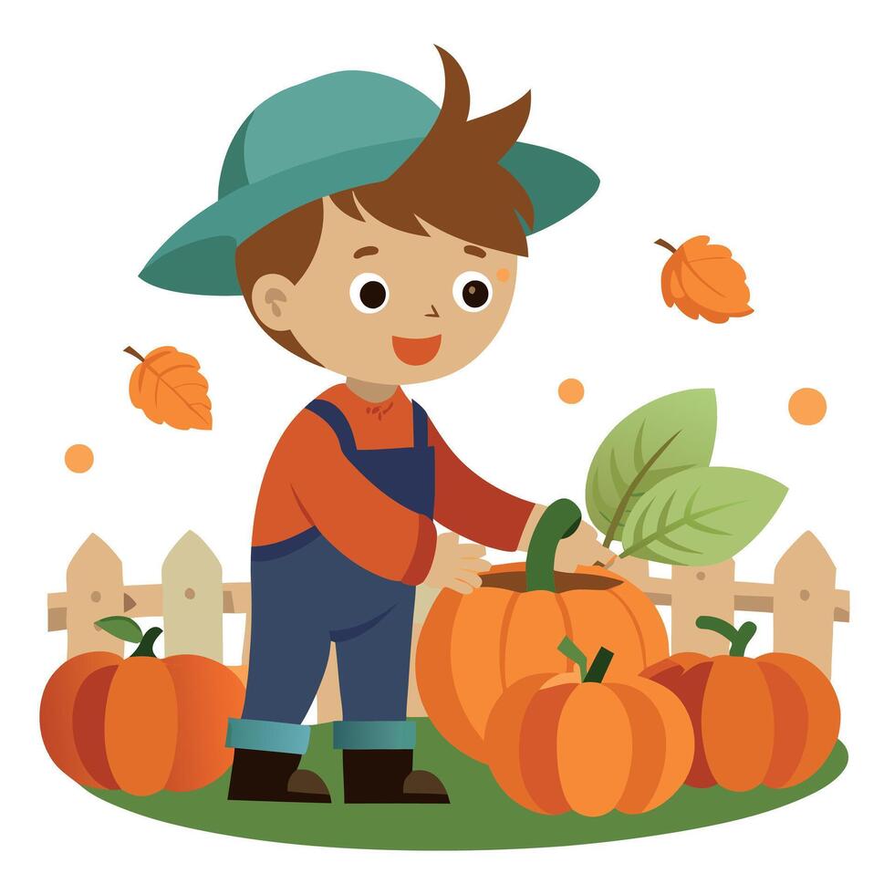 A boy in overalls picking pumpkins vector