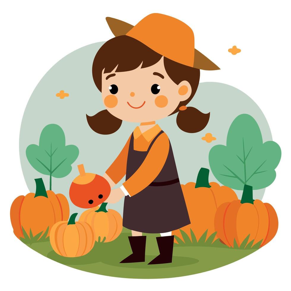 A girl in a hat picking pumpkins vector