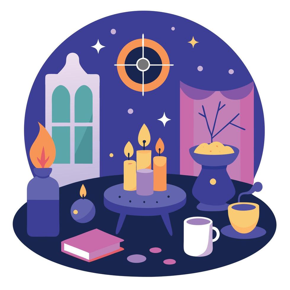 A witch's room with candles, books, and a clock vector