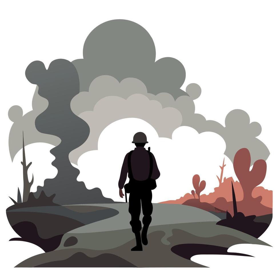 A soldier walking in the desert with smoke coming out of the ground vector