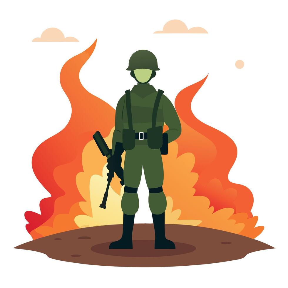 A soldier with a gun standing in front of a fire vector