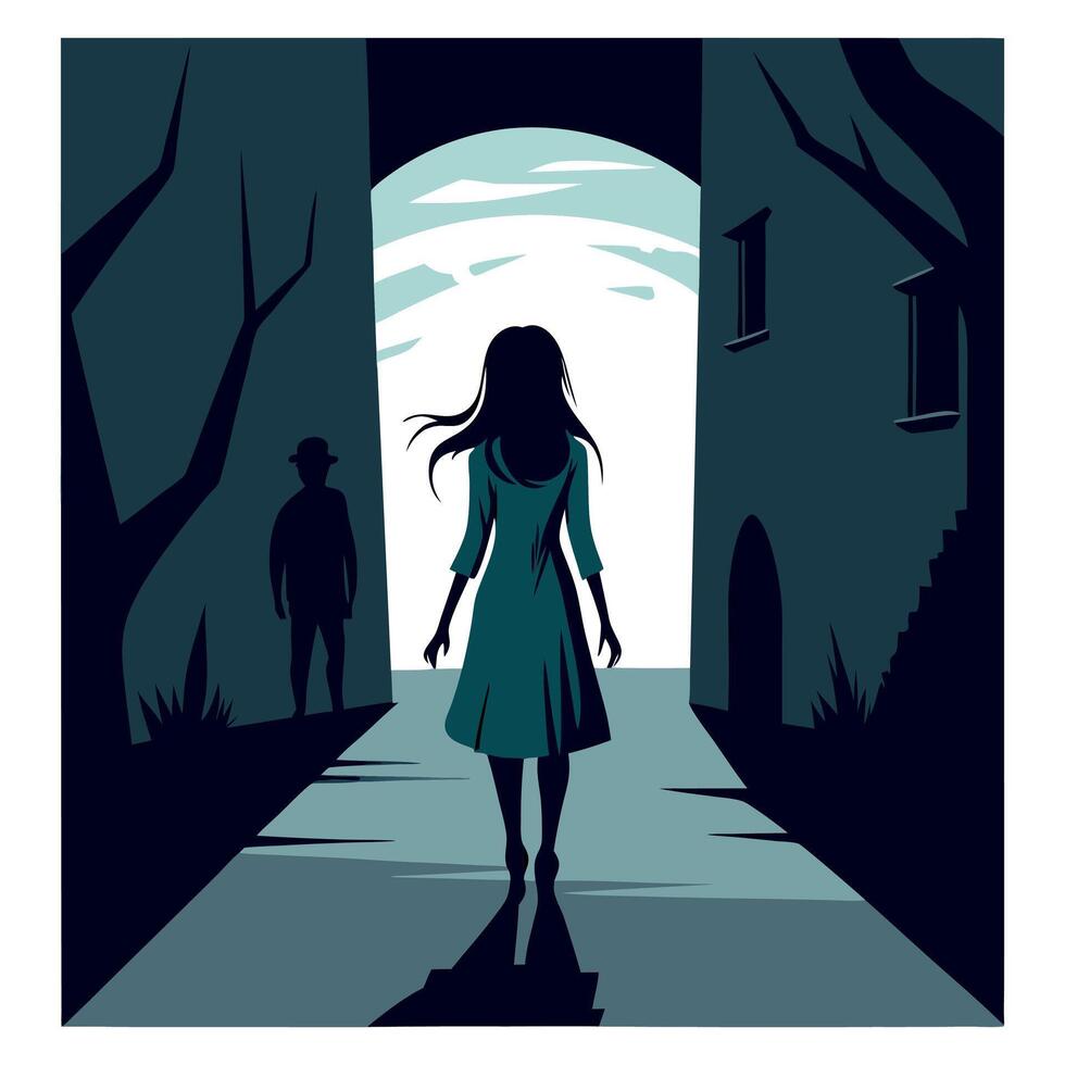 A woman walking through an alleyway with a man in the background vector