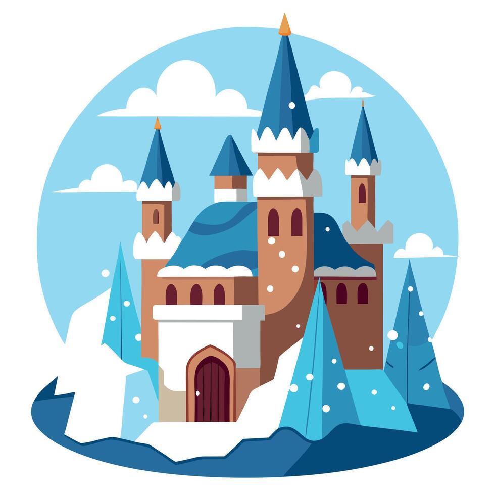 Winter castle with snow and trees on a blue background vector