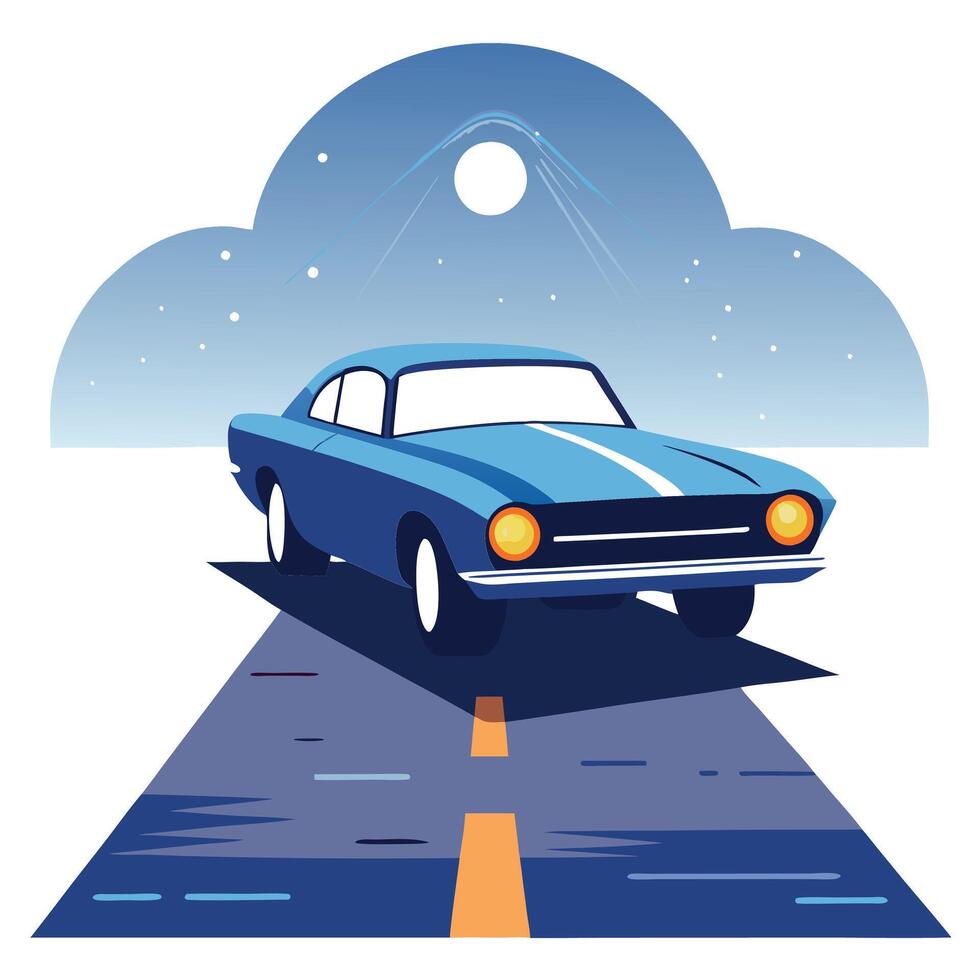 A blue car driving on the road at night vector