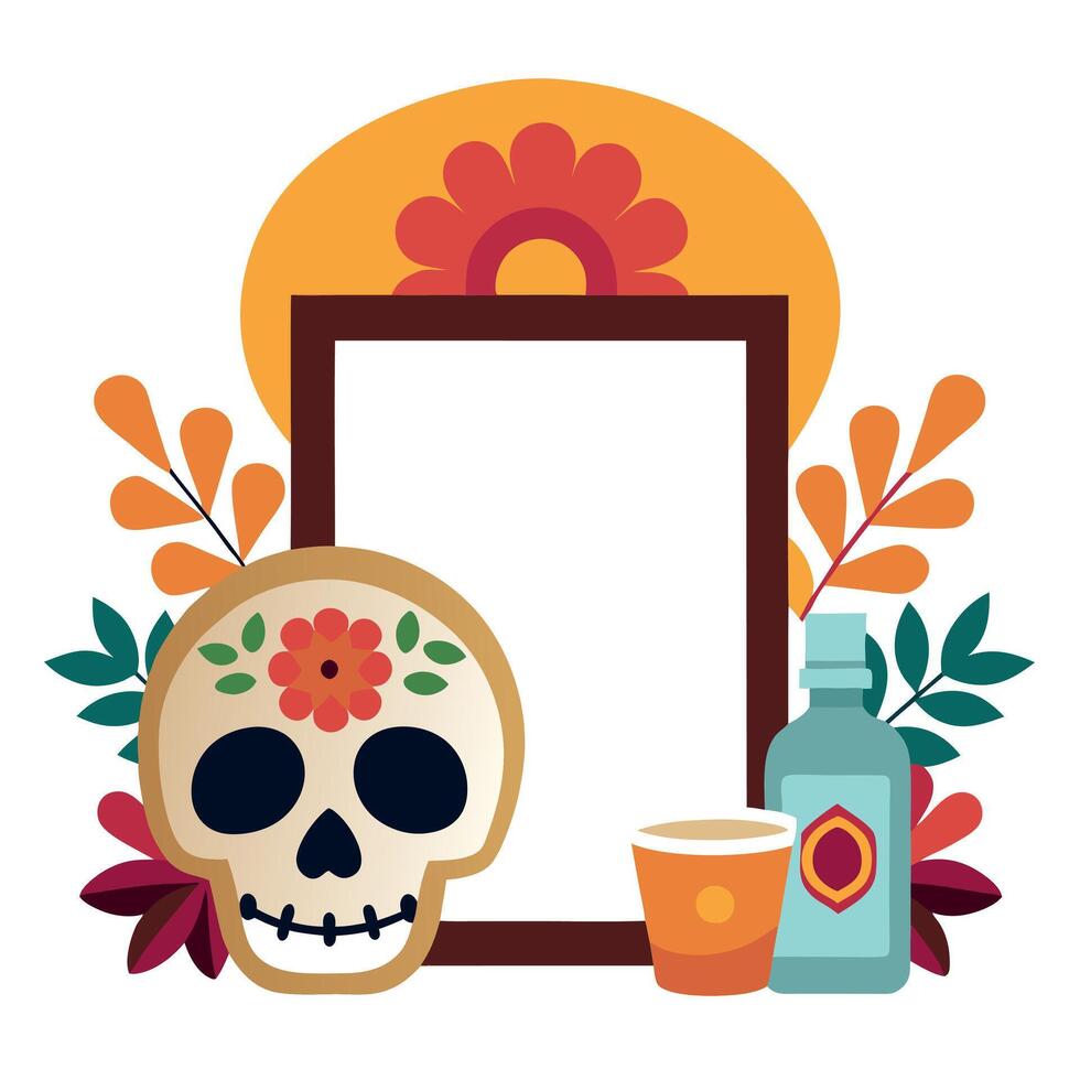 Day of the dead frame with a skull and flowers vector