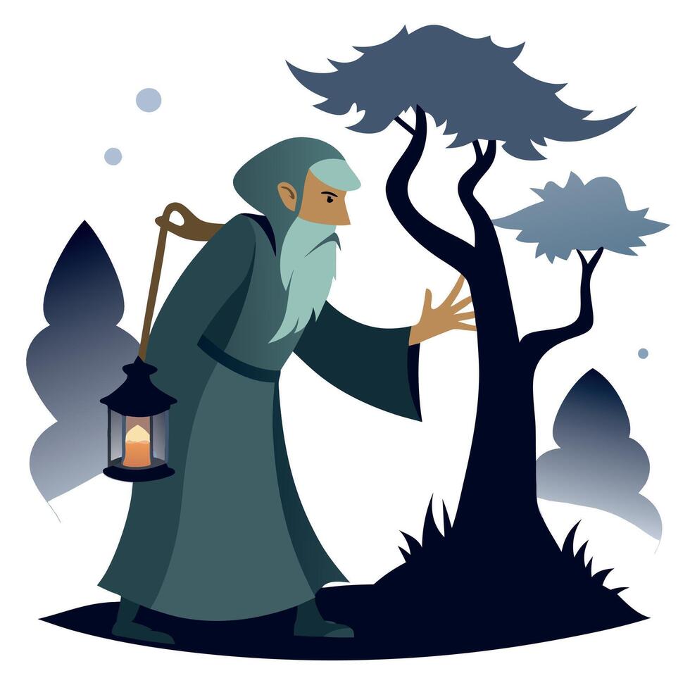 An old man with a lantern and a tree vector