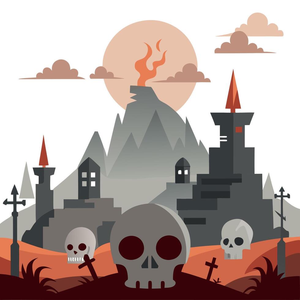 A cartoon illustration of a castle and skulls vector