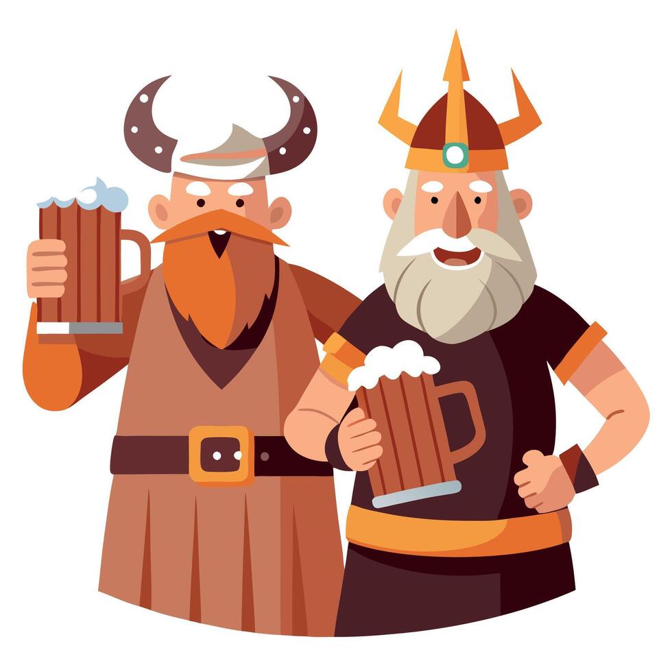 Two vikings holding beer mugs vector