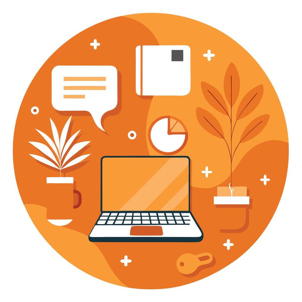 An orange circle with a laptop, a plant, and other items vector