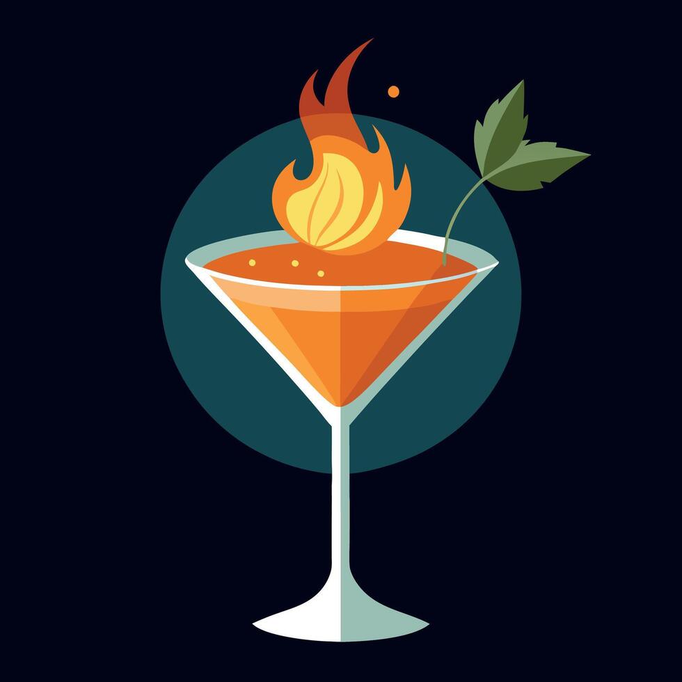 A cocktail with a flame on top vector