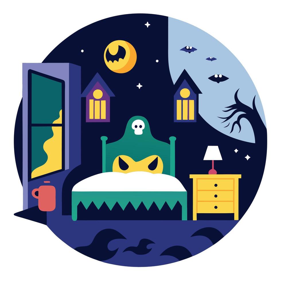 Halloween bedroom with ghost, bats and bats vector