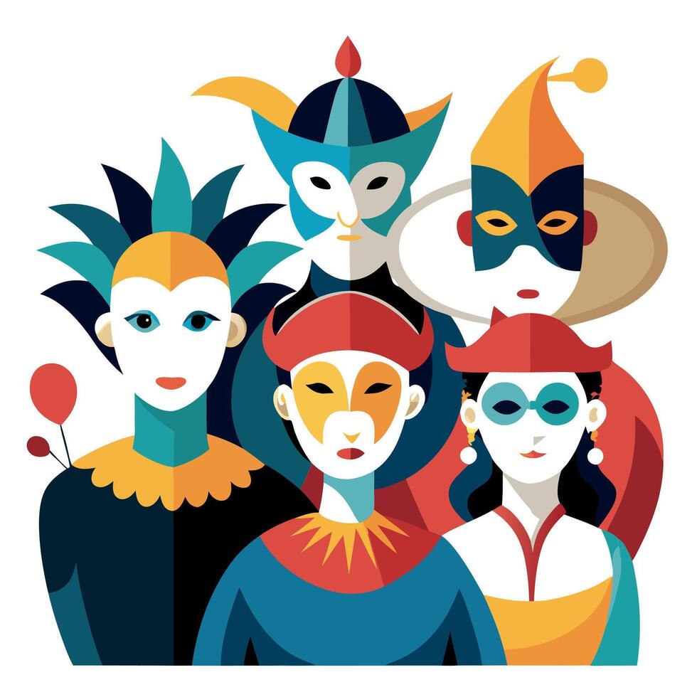 A group of people wearing masks and costumes vector