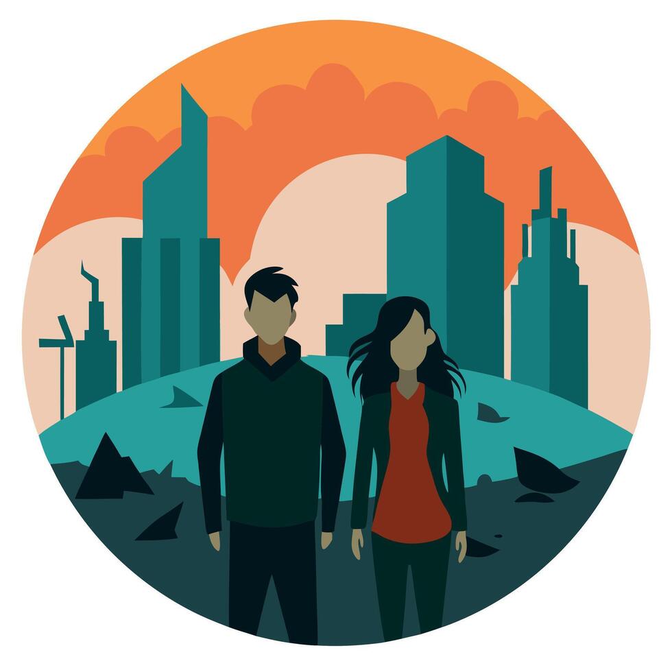 A man and woman standing in front of a city skyline vector