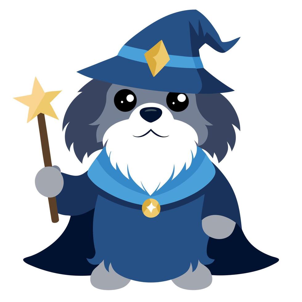 A cartoon dog dressed as a wizard holding a wand vector
