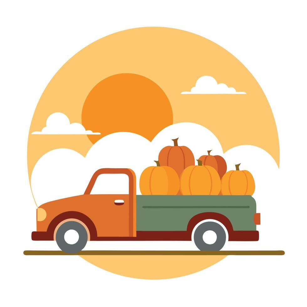 A truck with pumpkins on the back is shown vector