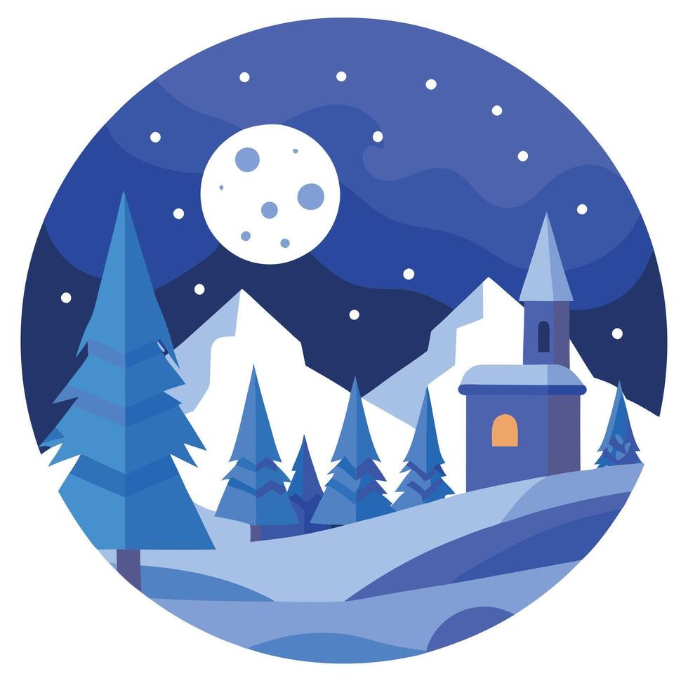 Winter landscape with church and trees at night vector