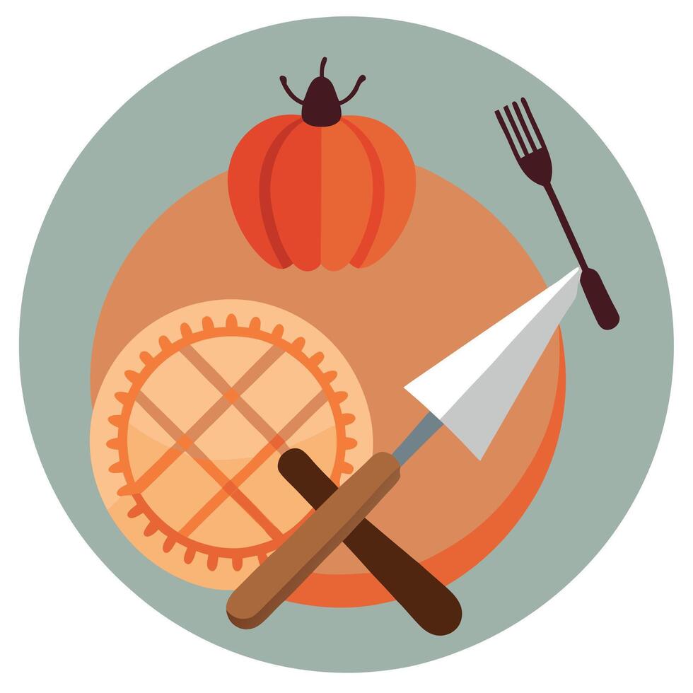 Thanksgiving dinner with pumpkin pie, knife and fork vector