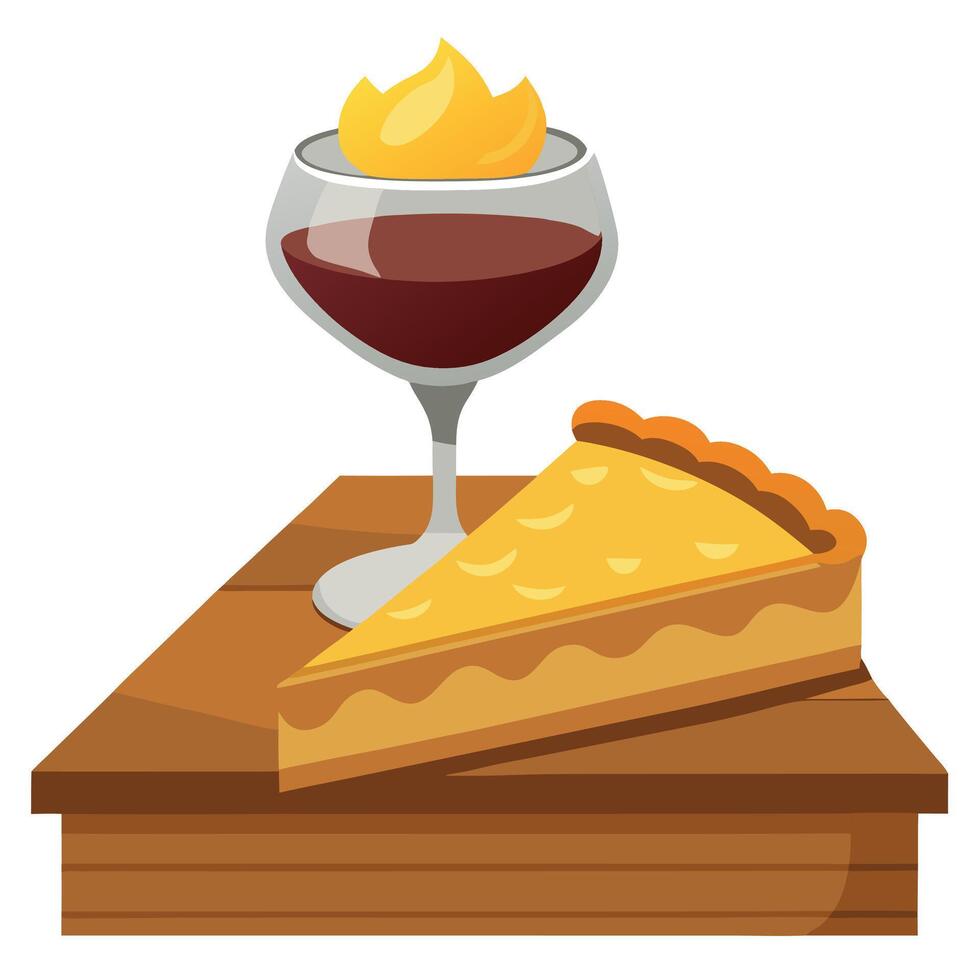un rebanada de tarta y un vaso de vino en un mesa vector