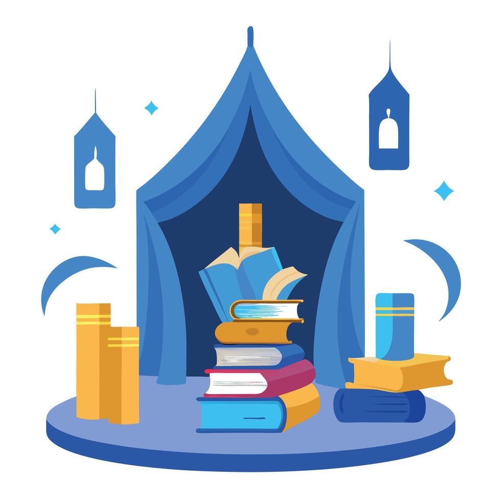 Books and lamps in a tent with a blue background vector