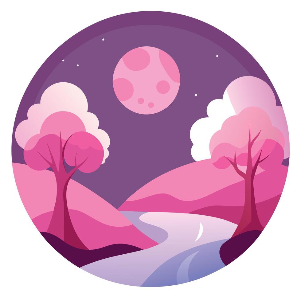 A pink landscape with trees and a river vector