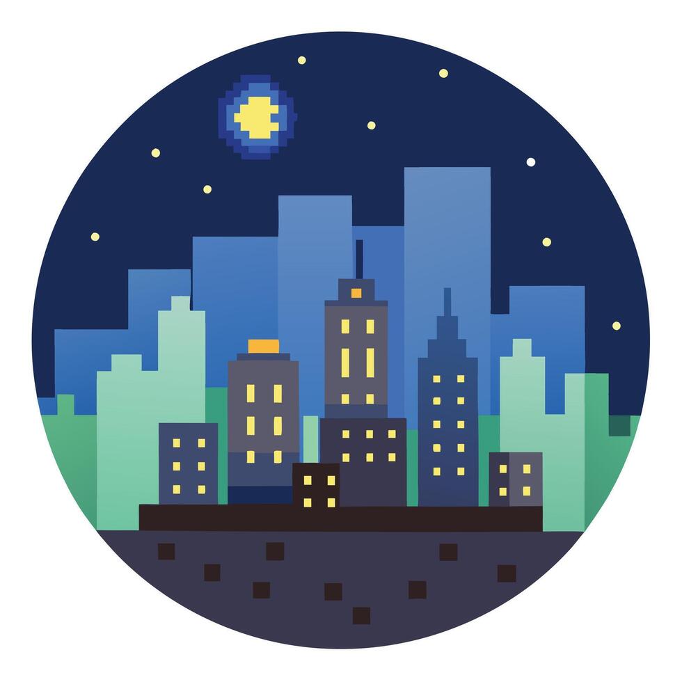 A pixel art illustration of a city at night vector
