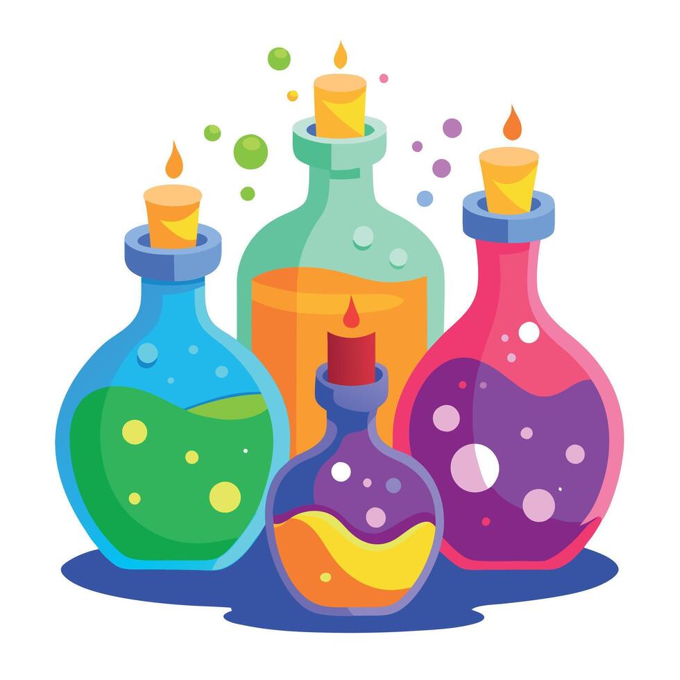 Three colorful bottles with candles and liquid vector