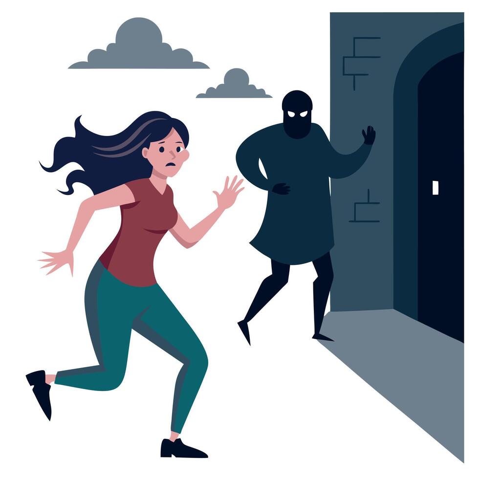 Woman running away from a man in a black mask vector