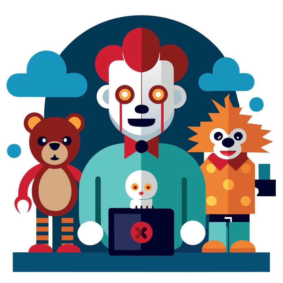 A cartoon clown with a teddy bear and a doll vector