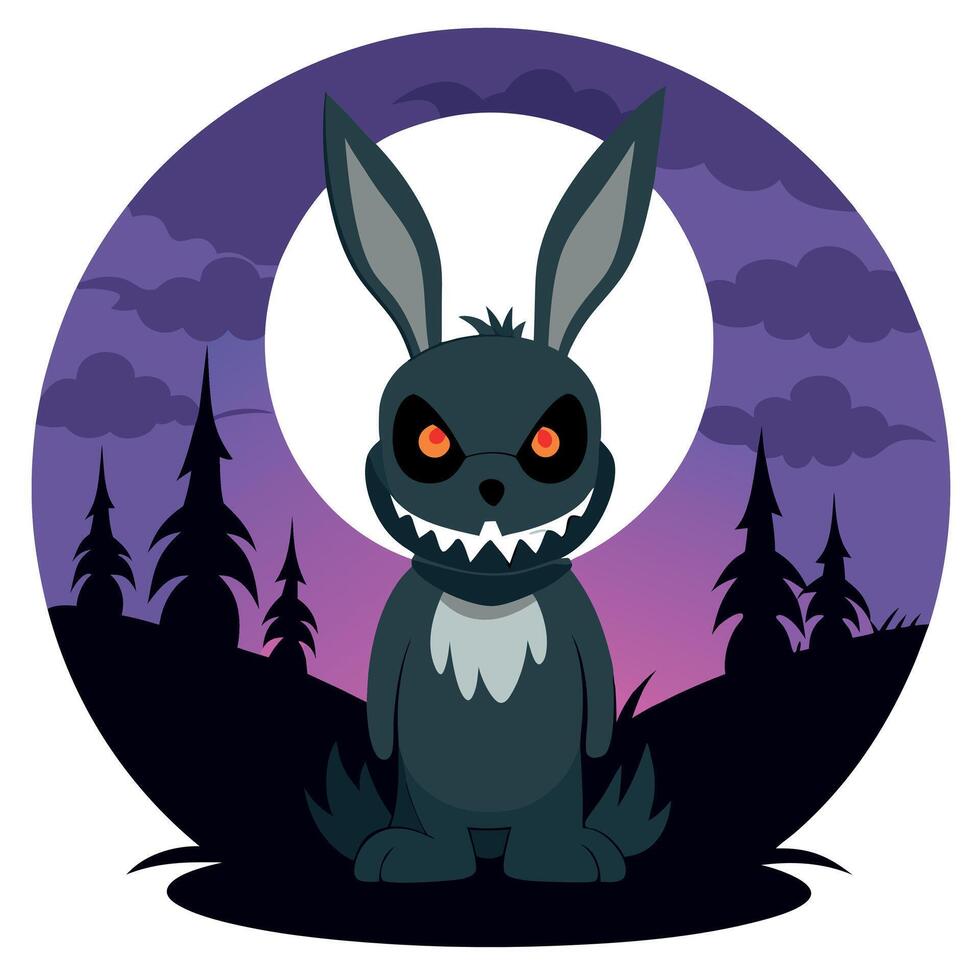 A cartoon rabbit with red eyes and a full moon in the background vector